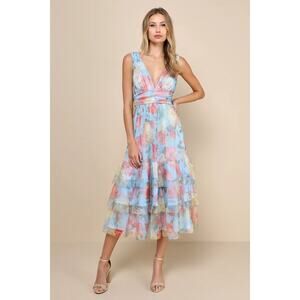 Lulu's Blue Ruffled Tiered Midi Dress Plunge Neckline